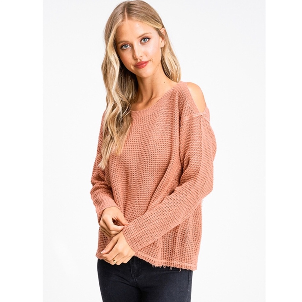 Coral Pink Waffle Knit Open Shoulder Boho Sweater